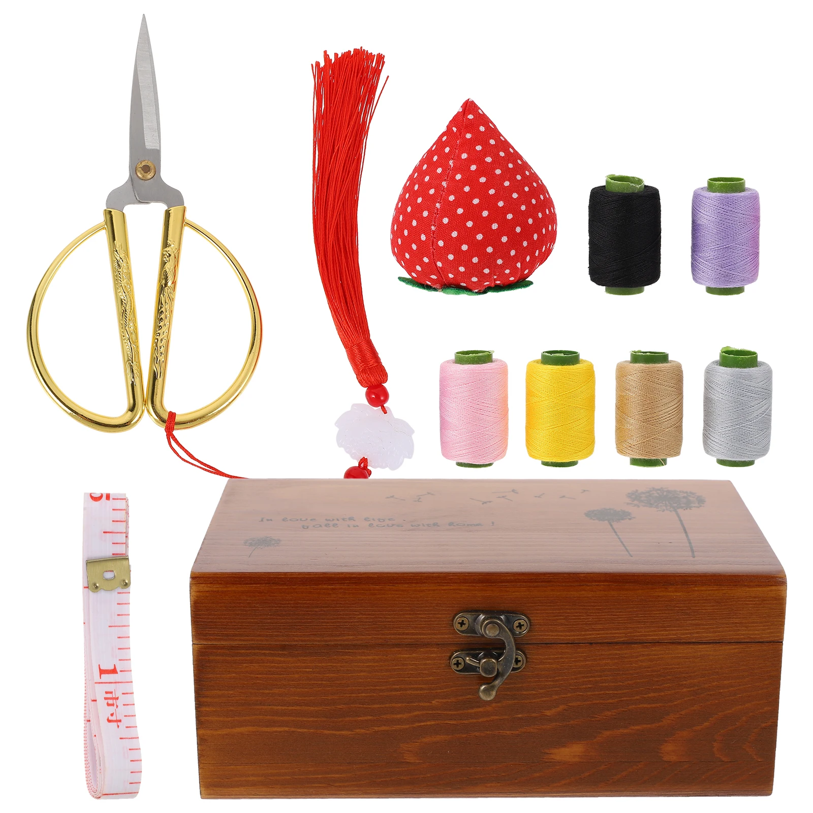 

Wooden Sewing Kit Large Capacity Retro Horn Lock Durable Texture Clear Pattern Natural Grain Includes Needles Threads Scissors