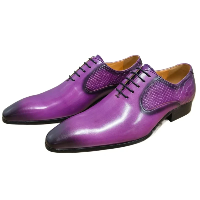 Party Dress Men Shoes Handmade Pure Genuine Leather Luxury Purple Office Dress Business Oxford Lace Up Male Footwear Ideal Gifts