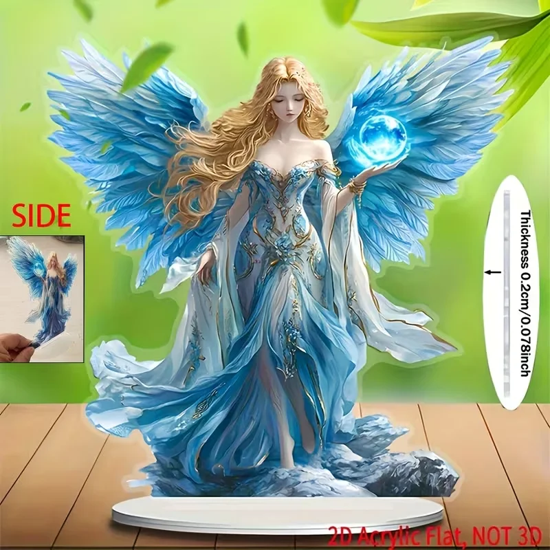 Estatua de ángel guardián de ala azul, decoración de escritorio plana 2D con Base, Idea de regalo para exhibición de jardín y oficina en casa