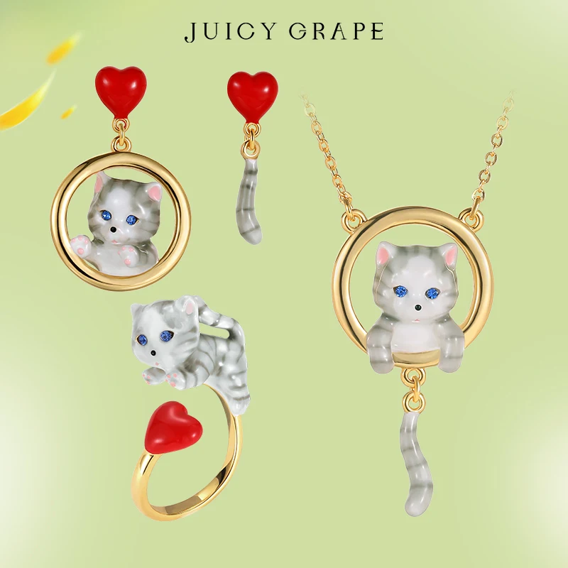 Juicy Grape Cute Cat Jewelry Set For Women Cat Necklace Cat Ring Cat Earring  Cat Handmade Enamel Jewelry 18K Gold Plated