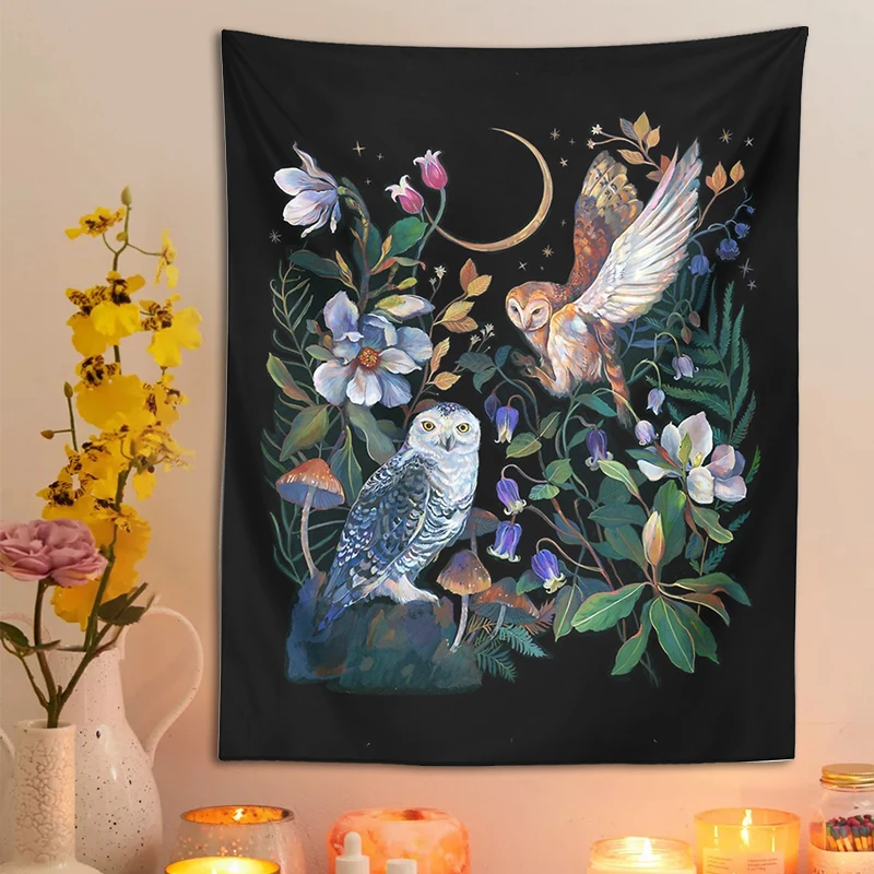 Owls Night Garden Tapestry Wall Hanging Psychedelic Mushroom Magic Plant Flower Moon Tapestries Bedroom Drom Home Decor Art