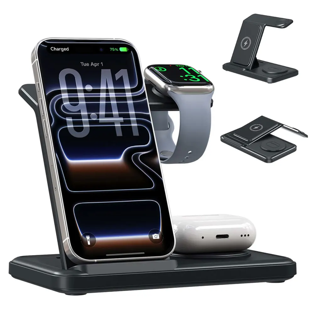 Base de Carga Inalámbrica 3 en 1 para iPhone 17 16 Pro Max 15 14 13 12, Apple Watch 11-2, Airpods 4 Pro3/2, Estación de Carga Rápida Plegable