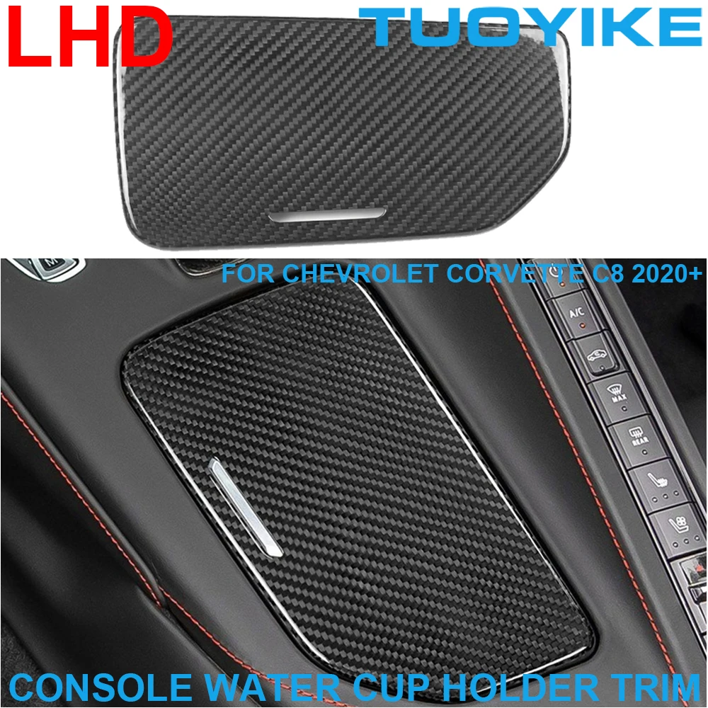 Car Real Dry Carbon Fiber Central Console Water Cup Holder Frame Cover Trim Decal Sticker Panel For Chevrolet Corvette C8 2020+