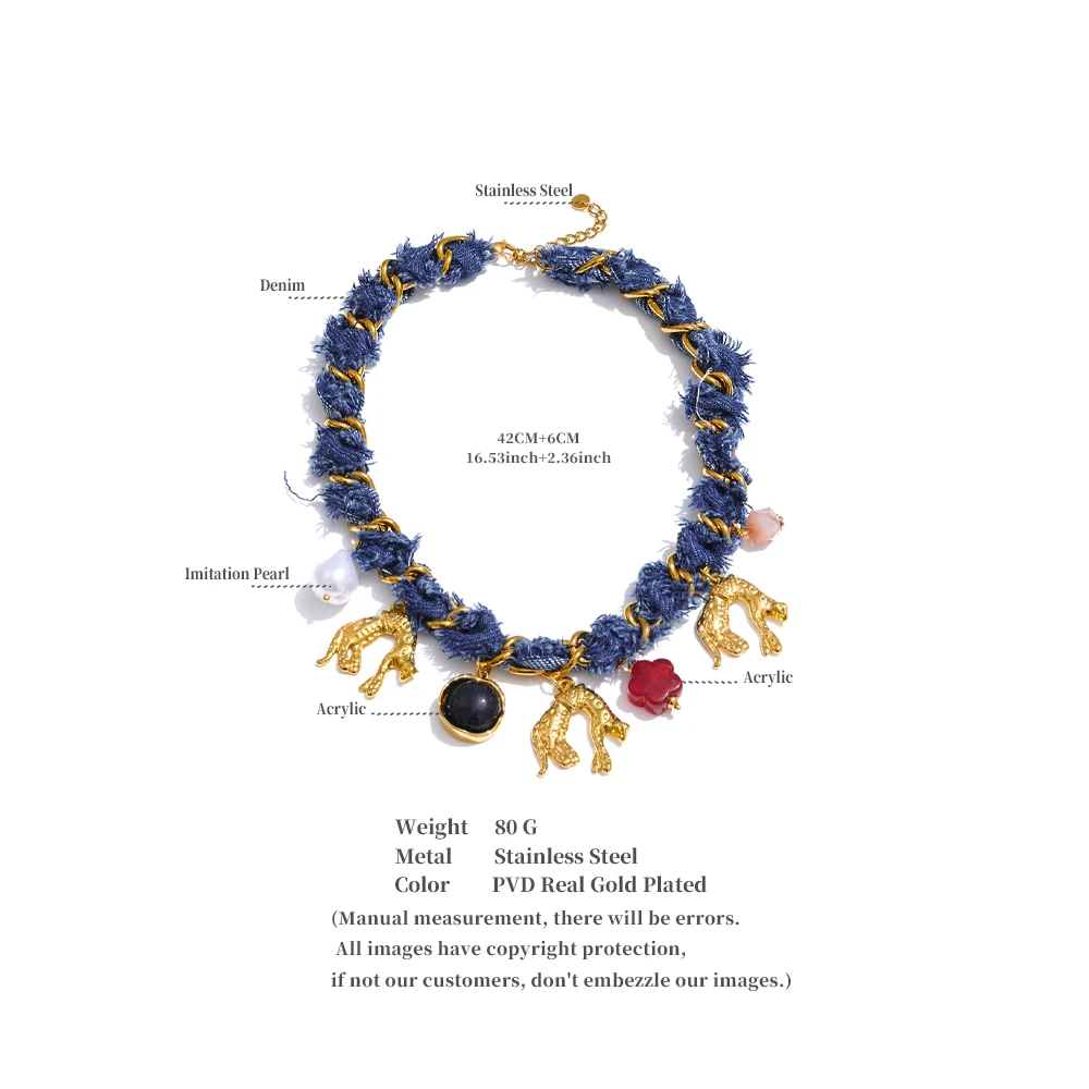 Yhpup Statement Blue Denim Kette Perle Acryl Blume Tropfen Charm Halskette Edelstahl Vintage Herbst & Winter Kragen Schmuck – Detail 5