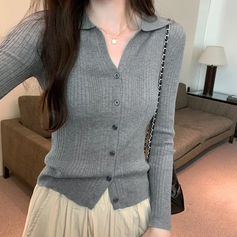 Women\'s  Knitted Top New Solid Color Polo Collar Slimming Versatile Long Sleeve Cardigan Top Smooth Sihouette 2024 Autumn Winter