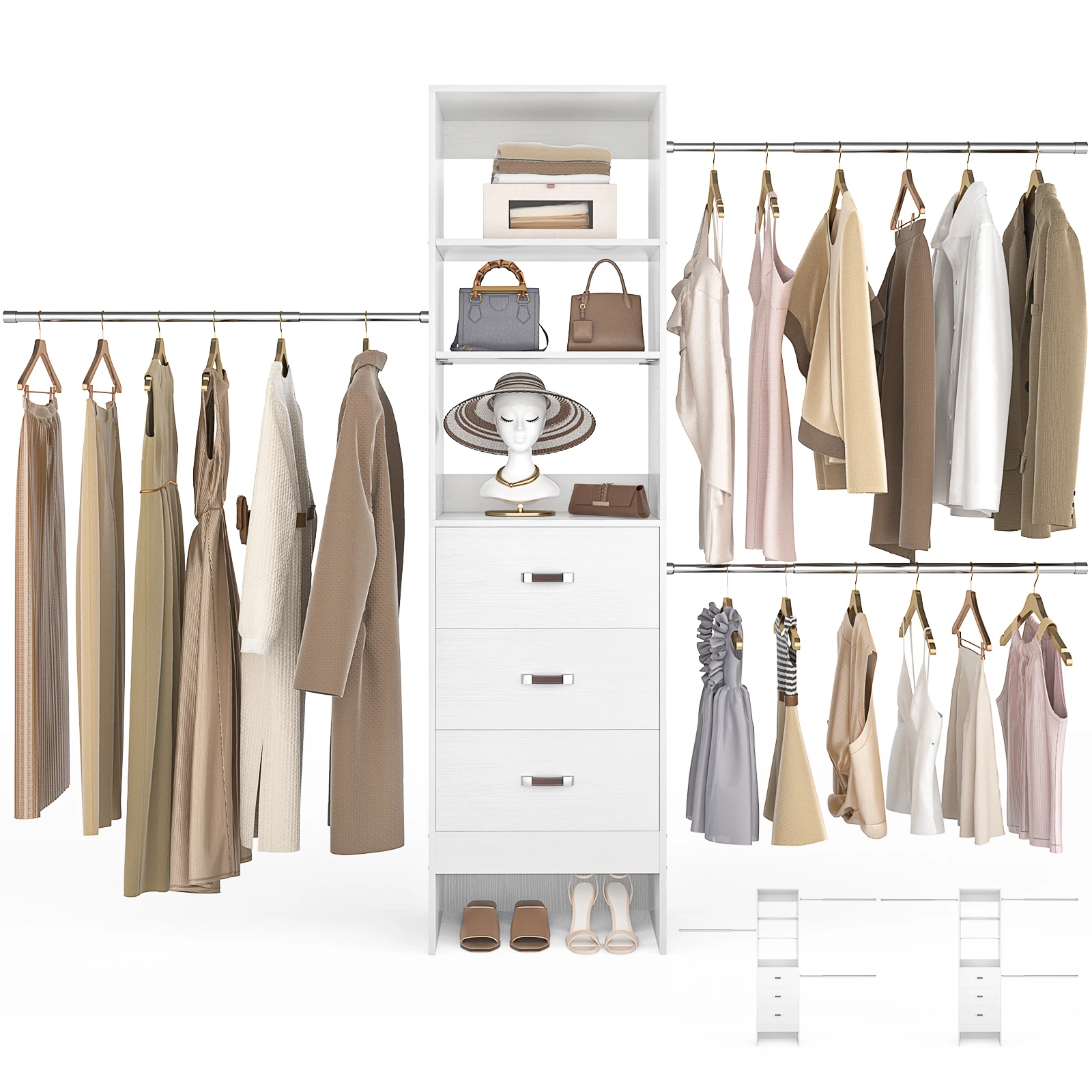 96''  Wall Mounted Closet Organizer System with 3 Hanging Rods & 3 Wood Drawers, Heavy Duty Expandable Wardrobe Storage Rack for Walk-in Closet, Bedroom, Laundry Room