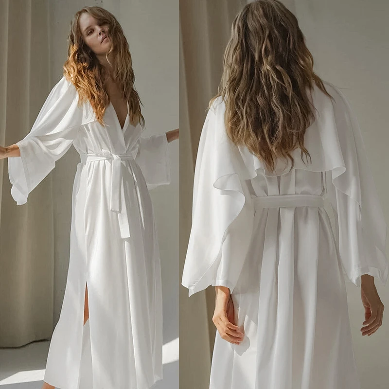 

2026 Spring New Loose Womens Long Sleeve Sleepwear Satin Wedding Bride Dressing Gown Long Bath Robe Vestidos Home Clothes