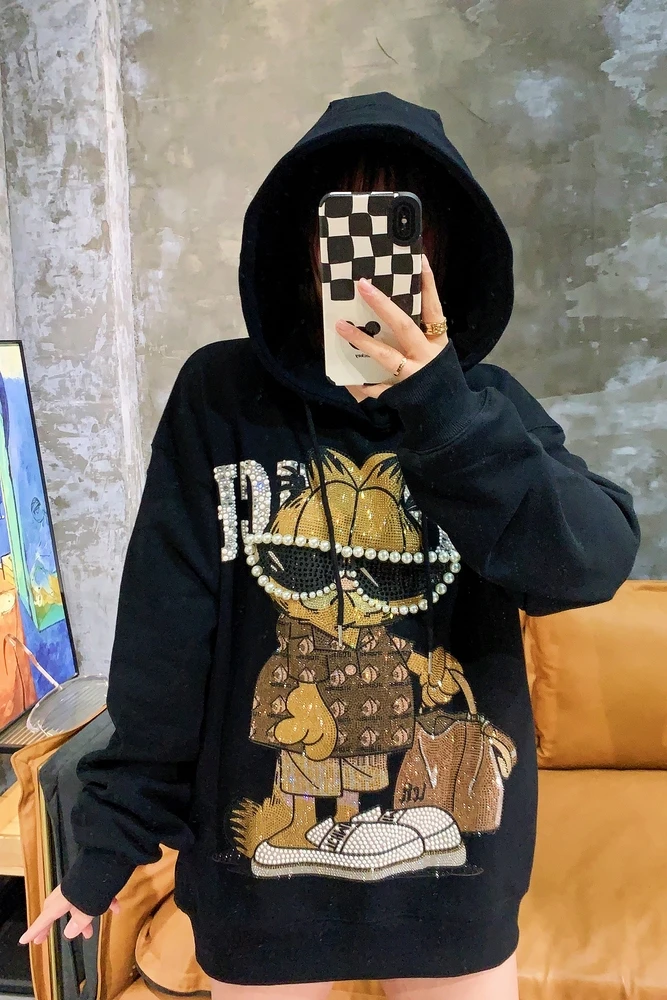 Trendy Men Women Hoodie Tops New Autumn Winter Thicken Fleece Hooded Sweatshirt Cartoon Beading Hot Drilling Casual Sweatshirts