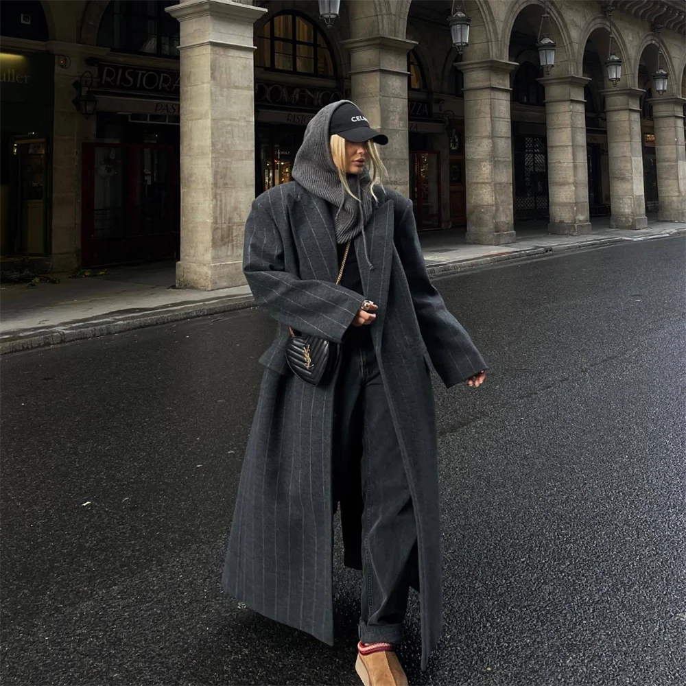 Taop&Za women\'s clothing 2024 autumn and winter new long striped coat fashionable temperament thick warm loose