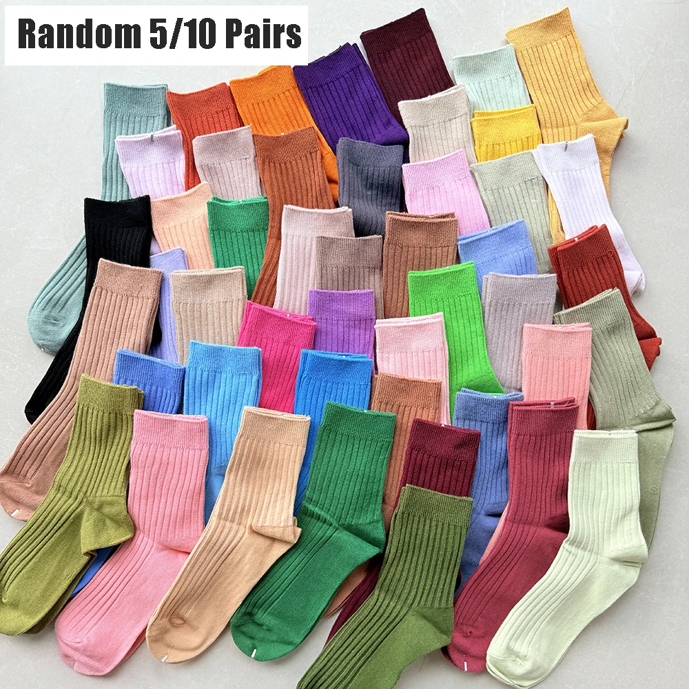 5/10 Paar Damen-Socken in Bonbonfarben, Herbst und Winter, hochwertige gestreifte Baumwolle mit mittlerer Wade, atmungsaktiv, einfarbig, Crew-Socken