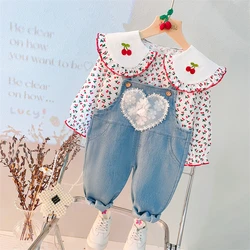 Baby Girls Floral Shirt Lace Love Denim Overalls 2 Pcs Suit Autumn Kids Clothing Sets Infant Clothes Outfits Children Tracksuit