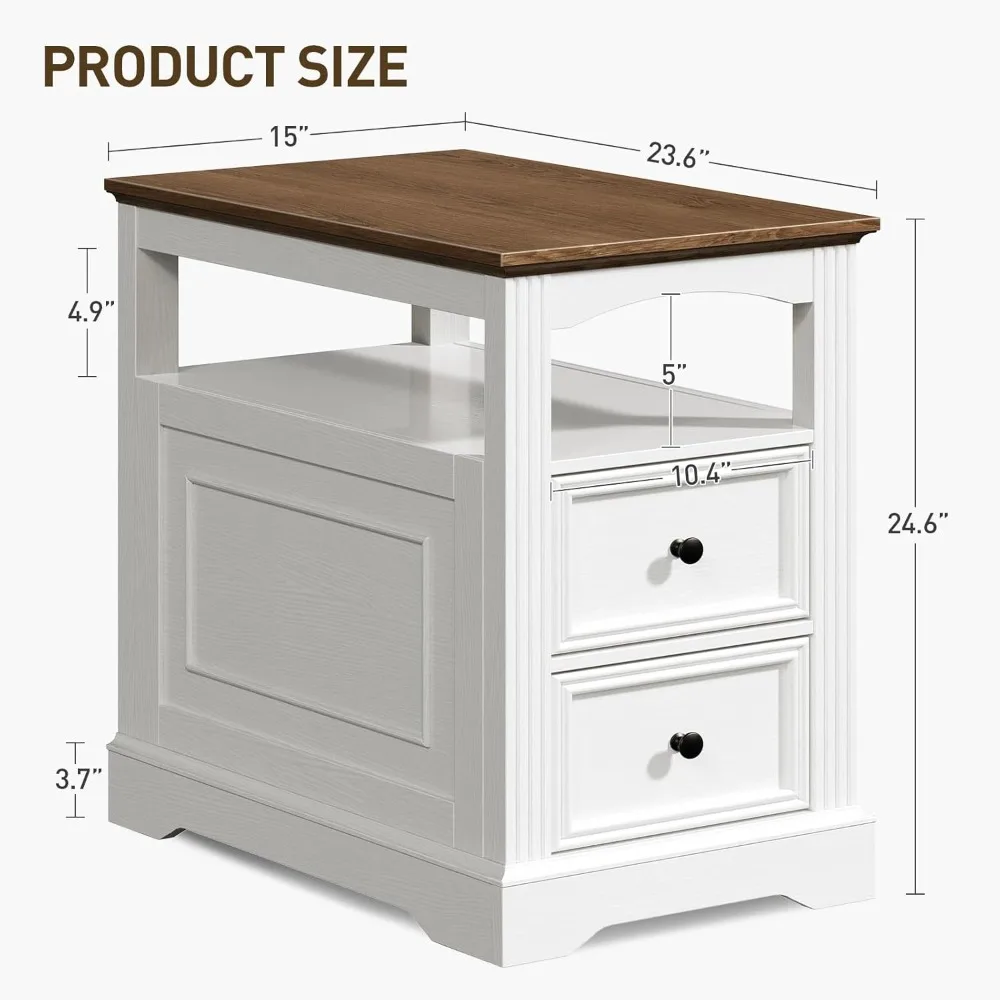 طاولة نهاية المزرعة مع درجين، طاولة جانبية ضيقة للأريكة مع مساحة تخزين ورف مفتوح، منضدة خشبية للمساحات الصغيرة، سرير #2