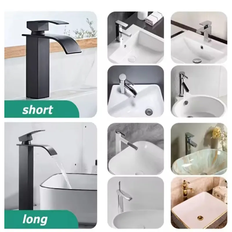 

Hot And Cold Stainless Steel Waterfall Wash Basin Faucet, High And Low Design Black Bathroom Sink Faucet for Toilet Wash Basin B
