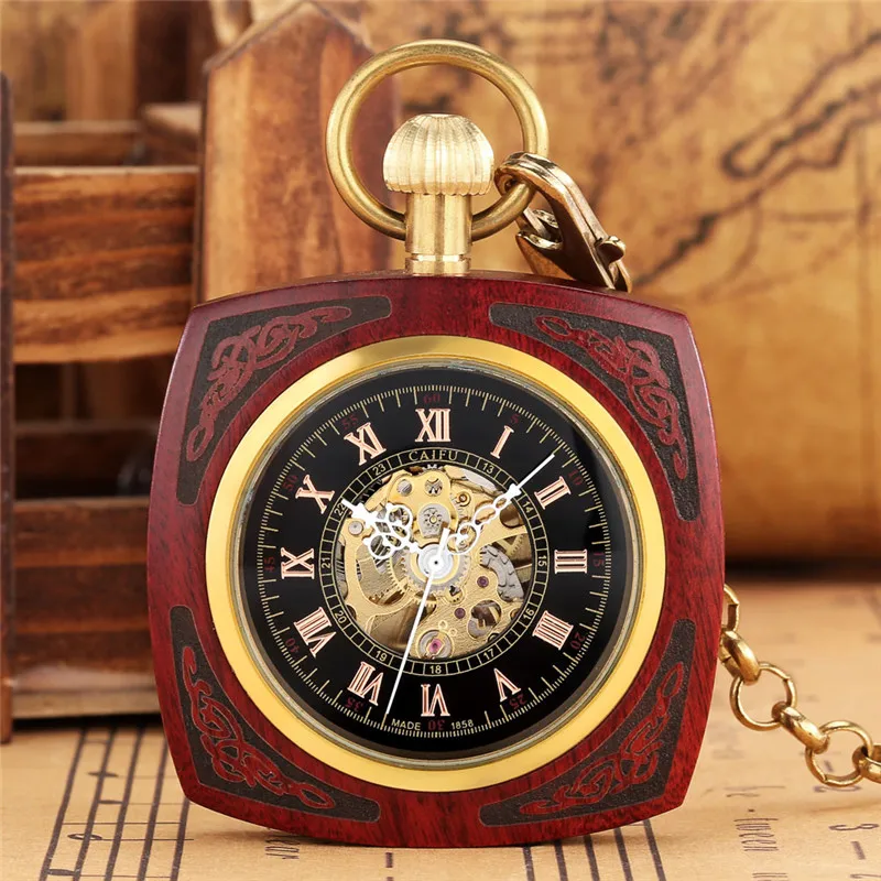 Relógio de bolso mecânico automático, Classical Square Case, Red Sandalwood, Open Face, Relógio Número Romano com Corrente, Homens e Mulheres