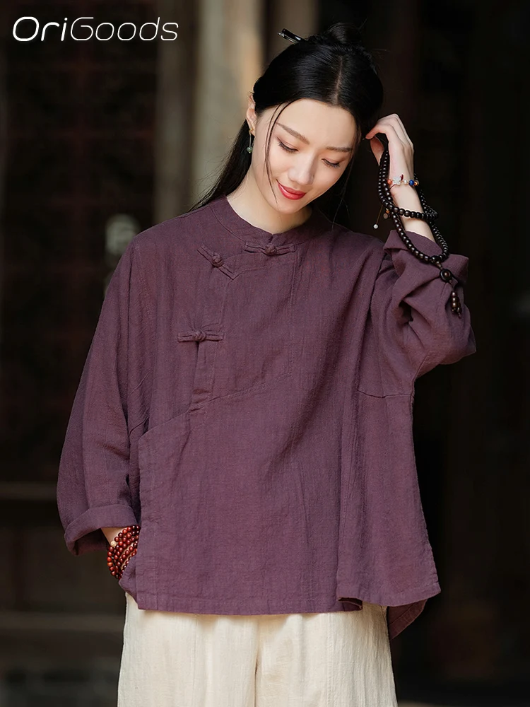 OriGoods Oversized Ramie Shirt Women 2024 New Autumn Long Sleeve Coat Shirt Zen Style Top Loose Chinese Traditional Clothes C078