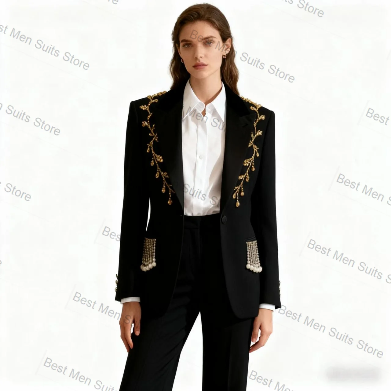 Różowy damski garnitur 2-częściowy z kryształami i perłami, marynarka + spodnie, jesień, formalny, do biura, żakiet, szyty na miarę, dla gościa weselnego, na studniówkę, płaszcz