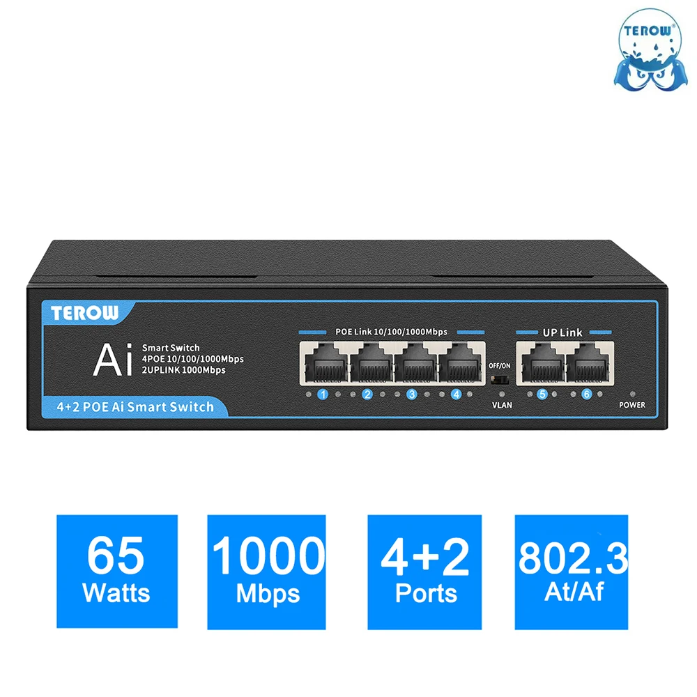 TEROW POE Switch Full Gigabit 6 Port 1000Mbps AI Smart Network Switcher with RJ45 Hub for IP Camera,NVR,Security Surveillance