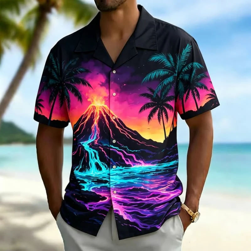 Men's Synthwave Landscape Print  Shirt ， for City Nights, Retro Events, Casual Hangouts and Bold Stylish Looks