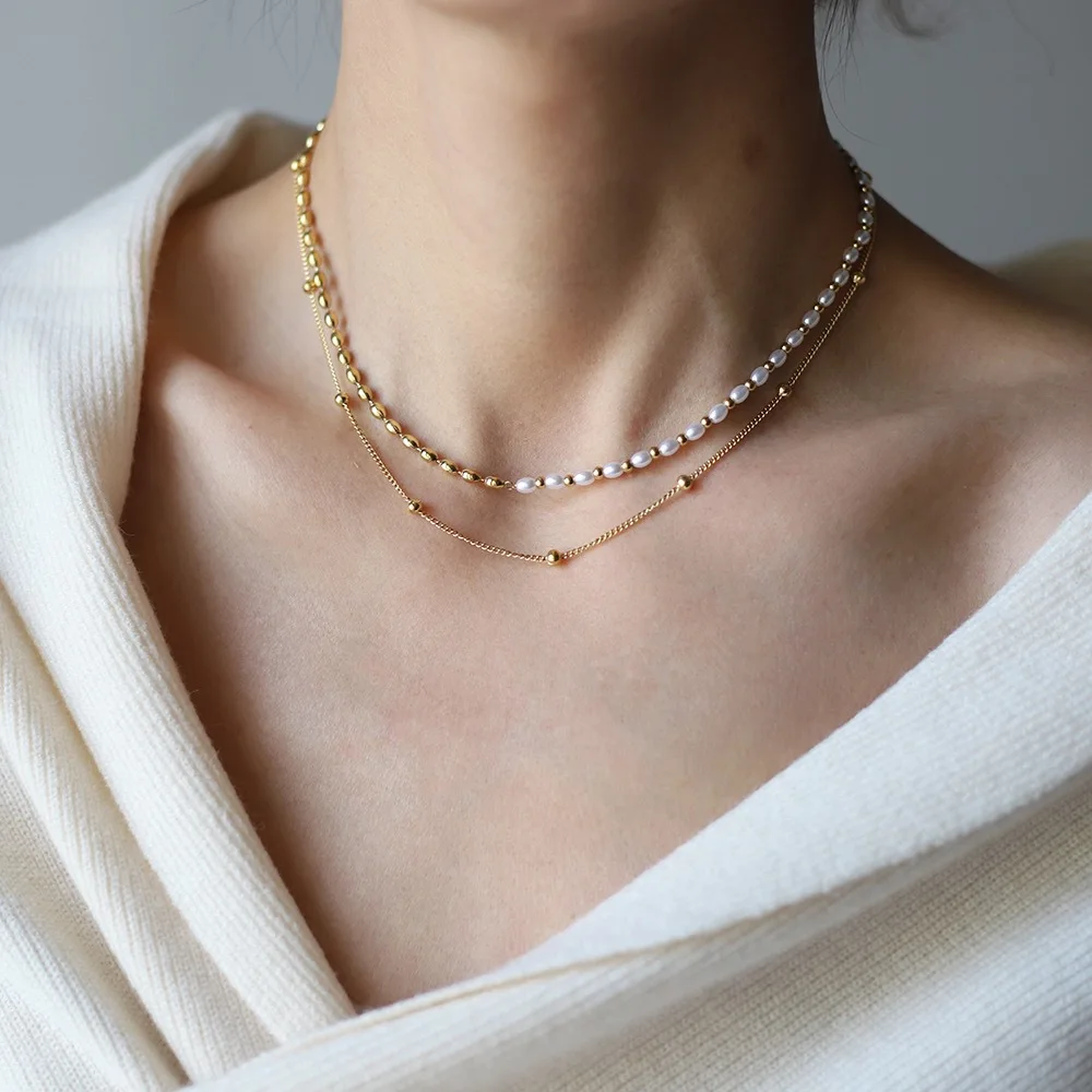 Stylish Layered Chain Stainless Steel Necklace 18K Gold Plated Texture Waterproof Trendy Korean Imitation Pearl Chain Jewelry