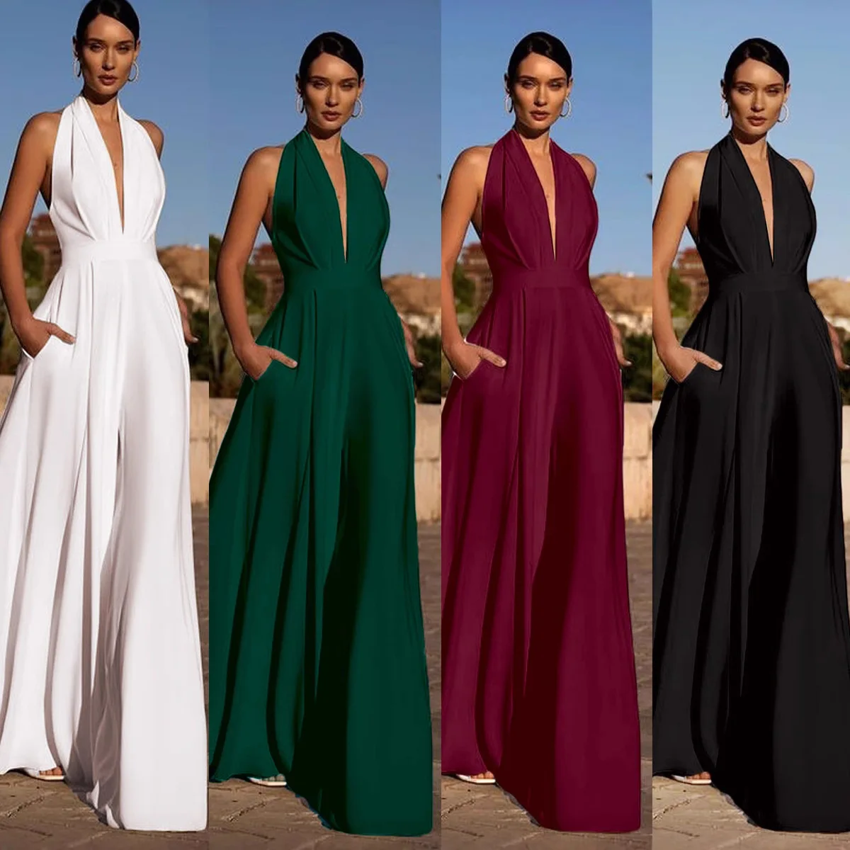 مزاجه أنيقة الرسن الرقبة حللا المرأة مثير العميق الخامس الرقبة عارية الذراعين عالية الخصر واسعة الساق بذلة بلون الإناث جديد