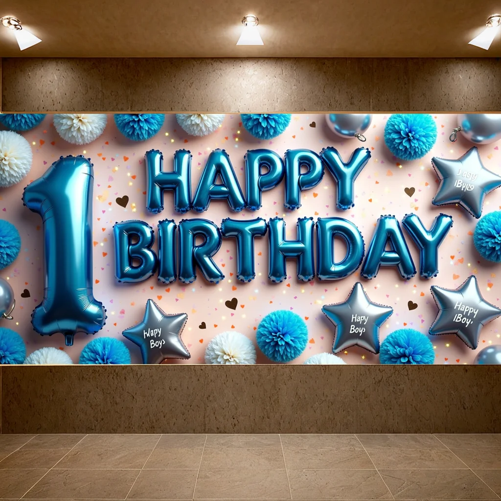 Blue Birthday Backdrop Decoration Balloons Baby Boy First Birthday Party Celebration Background Birthday Banner Party Supplies