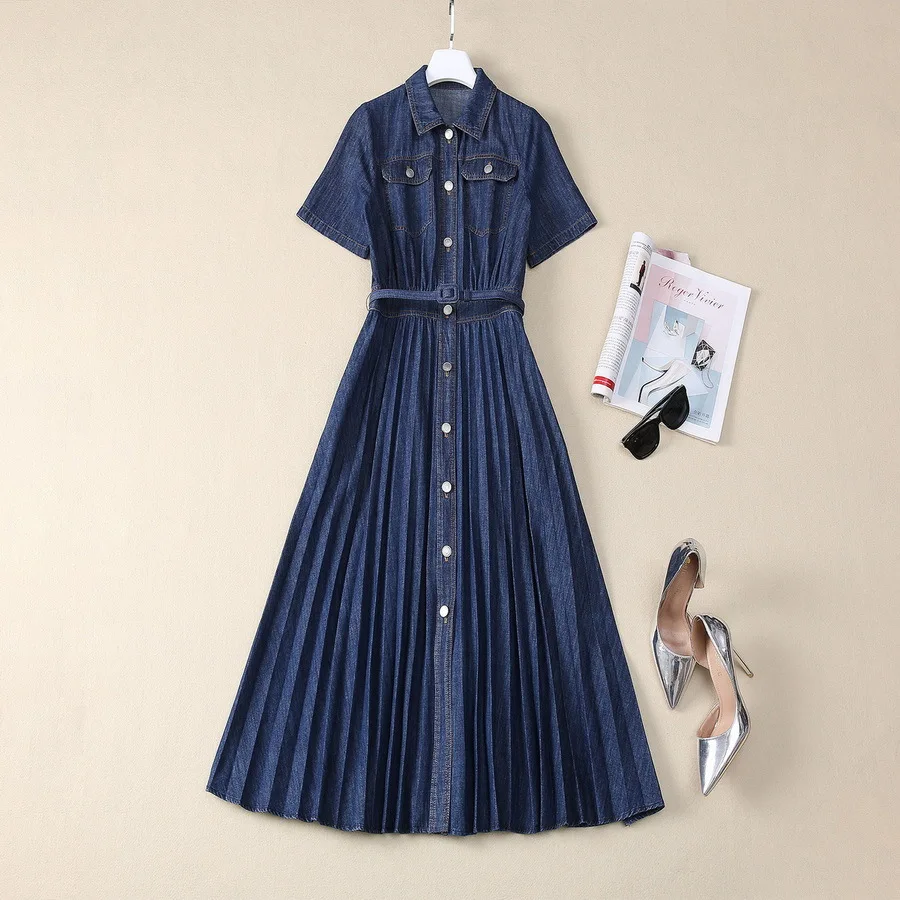 

European and American women's clothing 2024 fall new Short-sleeved lapel single-breasted belt fashion Denim dress XXXL