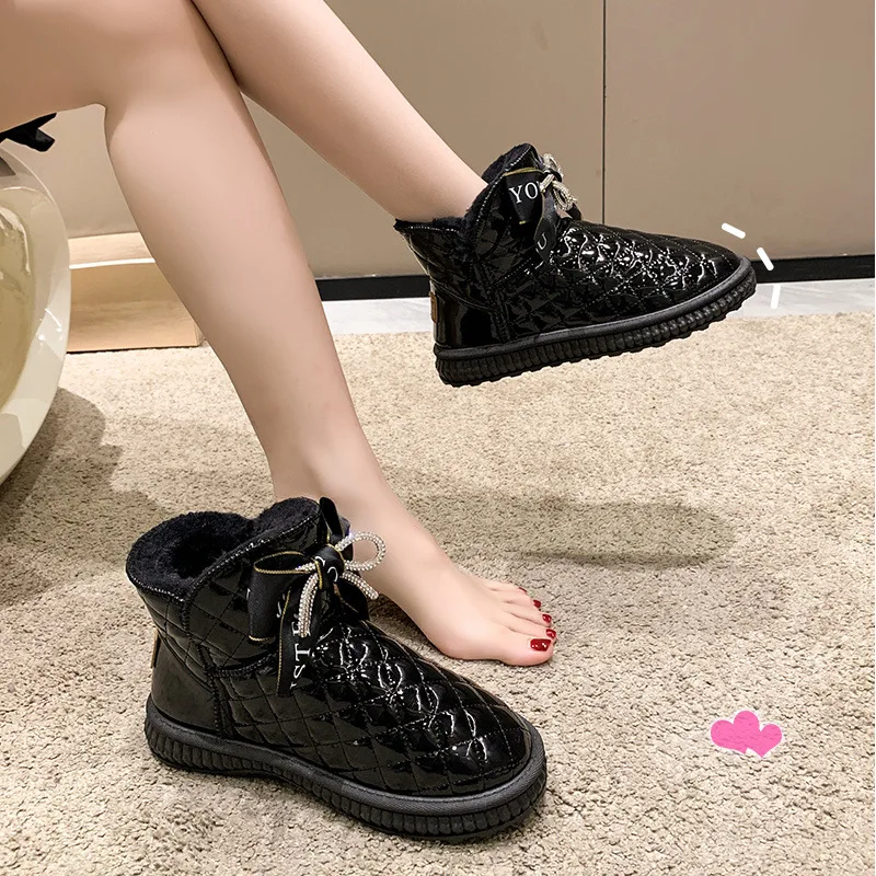 Women\'s Rubber Boots Plush Winter Footwear Luxury Designer  Female Shoes Boots-Women Crystal Flat Heel Australia Round Toe Rain