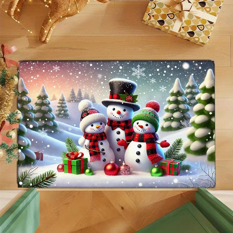 Winter Snowman Flannel Door Mat Carpet, 3 Snowman Print Absorbent Non-Slip for Kitchen Living Room Bedroom Bathroom Decor