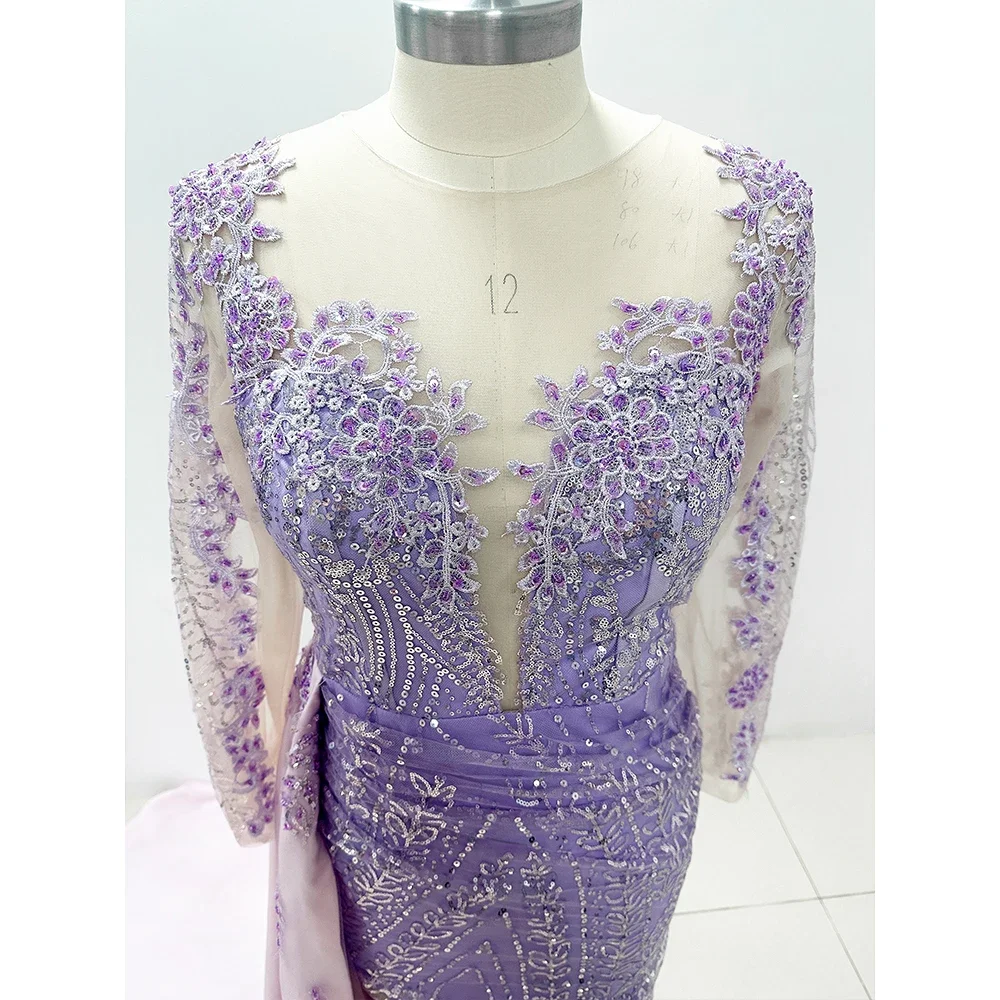 Gaun malam Ungu berpayet mewah gaun malam lengan panjang belahan samping kapel kereta applique putri duyung elegan Vestidos Formal wanita