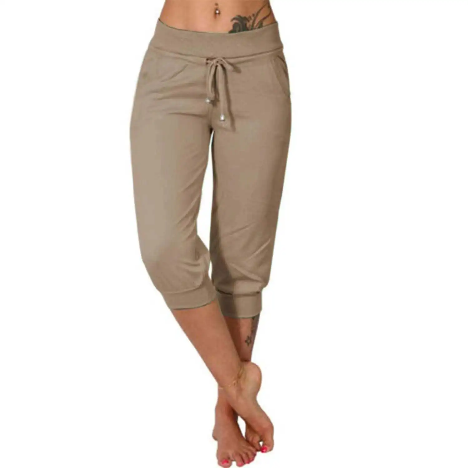 Women Casual Capris Pants Solid Color Low Rise Drawstring Pockets Sports Fitness Gym Shorts Pants