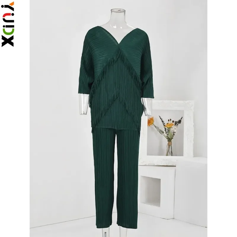 

YUDX Miyake Women Pleated 2 Piece Set Fashion V Neck Tassel Design Tops Straight Pants Casual 2024 Autumn New Clothing