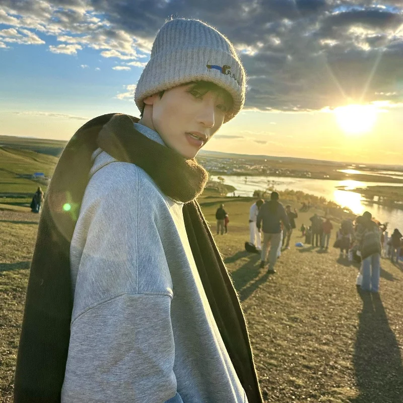 Unisex Korean Warm Embroidered Puppy Knitted Hat Autumn Winter Small Woolen Face Covering Travel Hat for Men Women