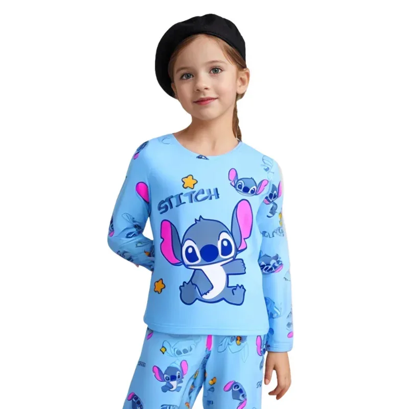 

Cy2025 Spring Summer 2pcs/set Stitch Homewear Pajamas for Kids Baby Soft Milk Silk Blue Anime Stitch Long Sleeve Sleepwear Sets
