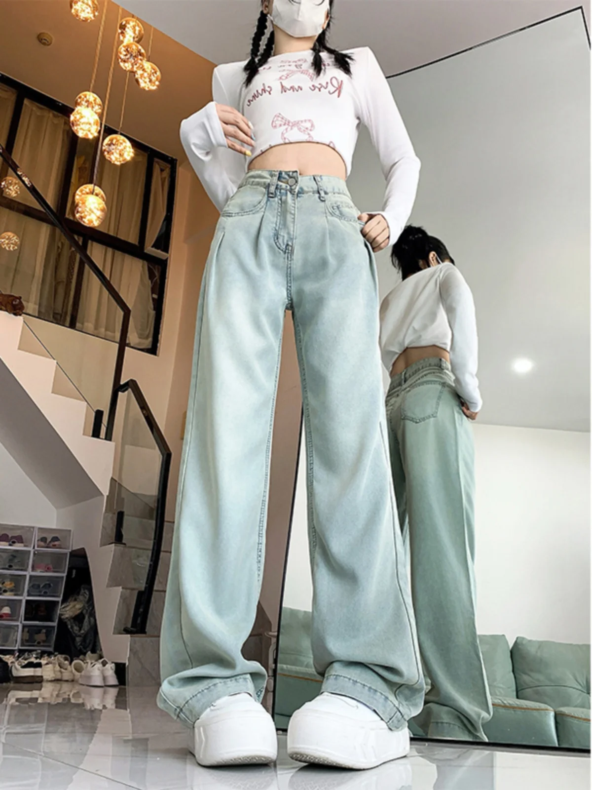 plus Size High Waist Loose Fit Denim Jeans Women's Autumn New Sle Pear ape Body Slimming Wide Leg Floor-Length Pants