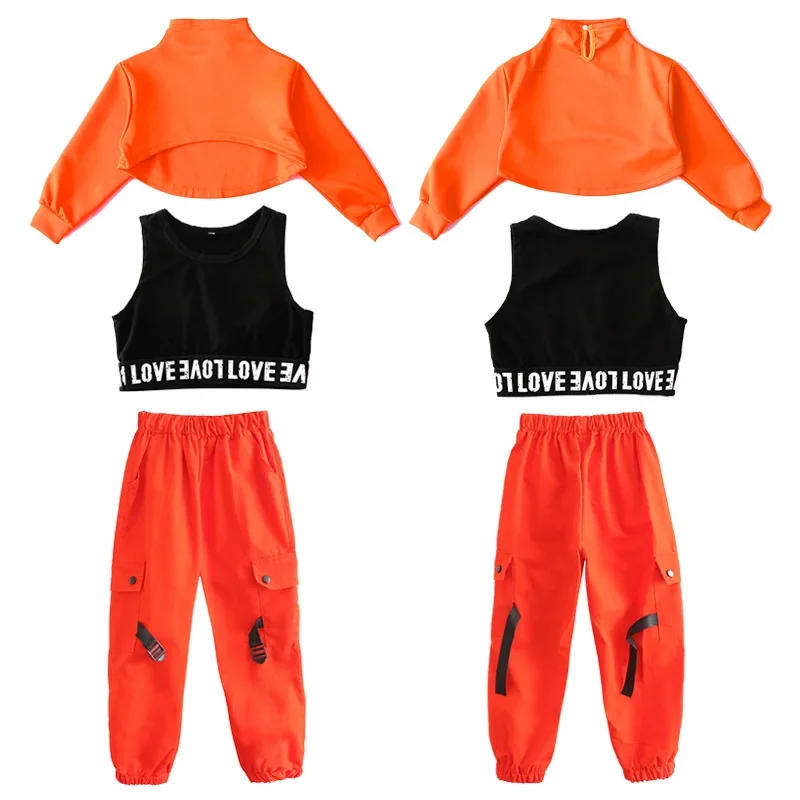 Costume de danse jazz pour enfants, vêtements de rue pour filles, tenues de performance hip hop, sweat-shirt à col haut, haut court, pantalon décontracté, vêtements de course