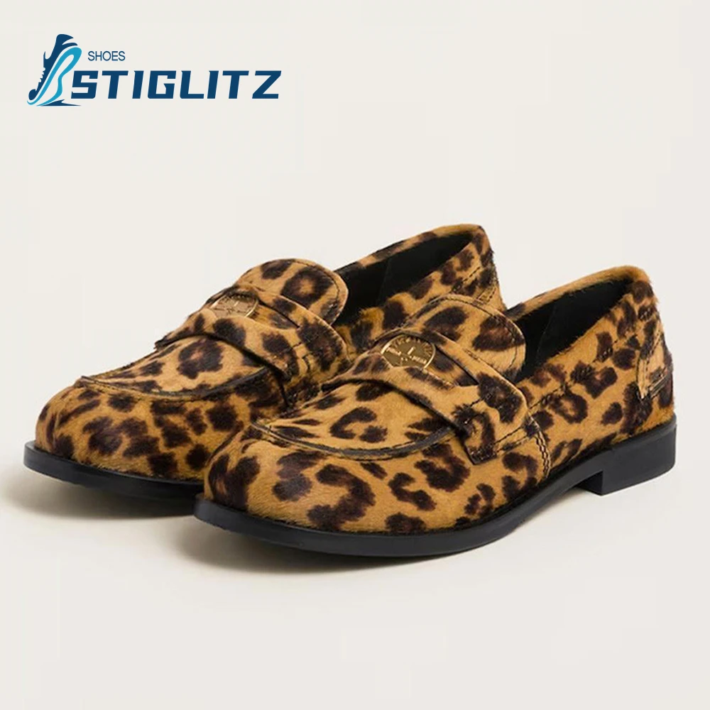 Shaggy Leopard Stylish Slip On Mules Metal Coin New Design Sense Stitching Luxury Genuine Leather Shoes Men\'s Casual Flat Shoes