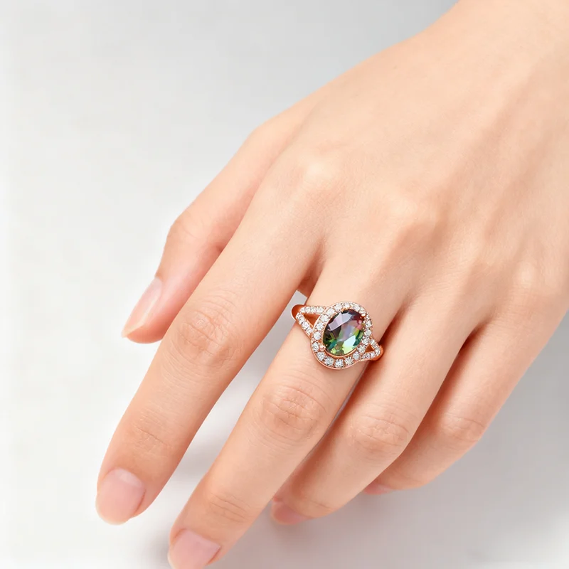 Anel de Casamento Ajustável em Prata Esterlina 925 com Cor Dourada para Homens e Mulheres, Zircônia Cúbica Mística Transparente/Arco-Íris, Acessórios para Festas
