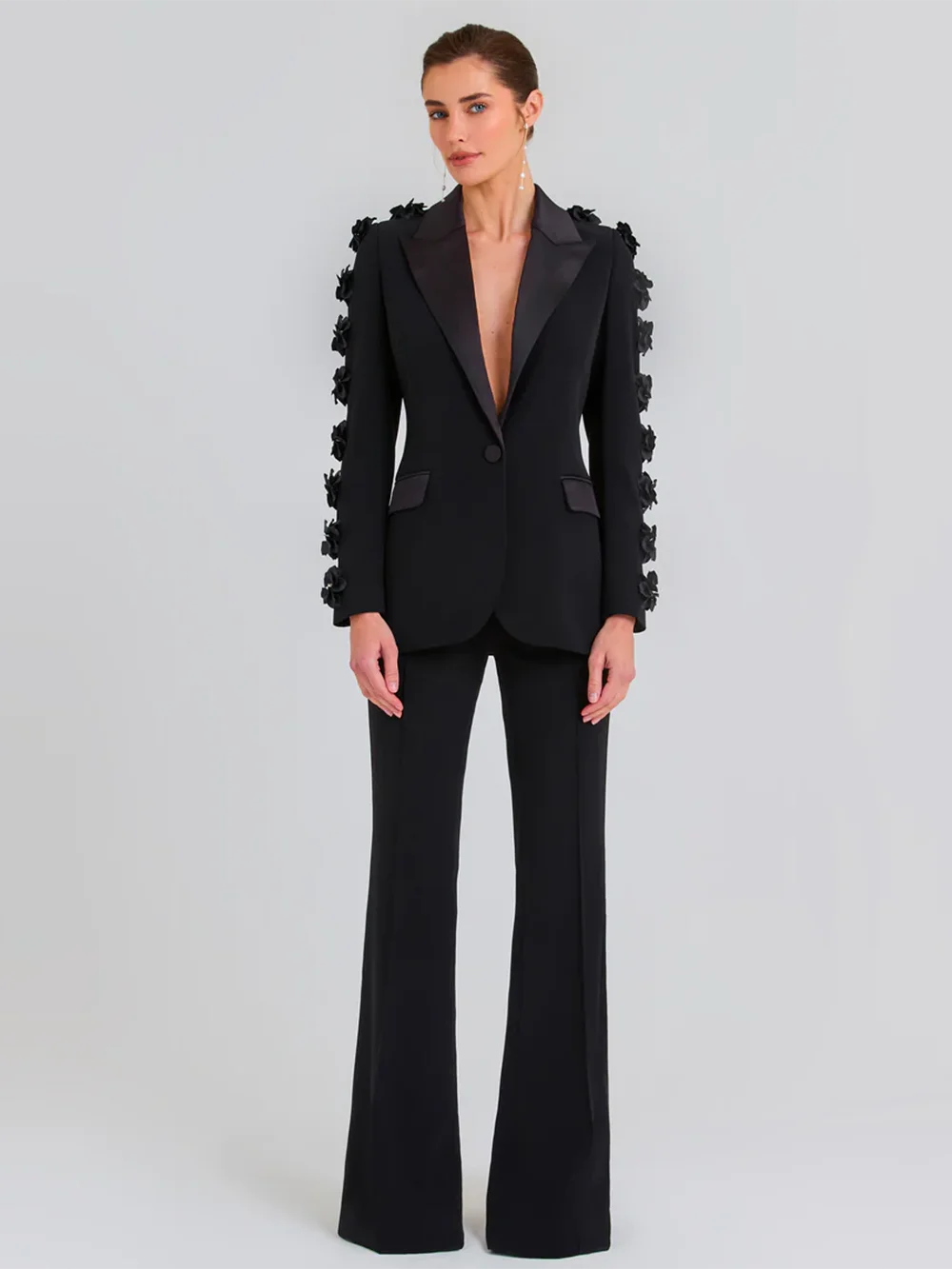 

Modphy 2024 New Women'S Black Flowers Pearl Design Set Notched Blazer High Waist Pants Set Two Piece Formal Set Female