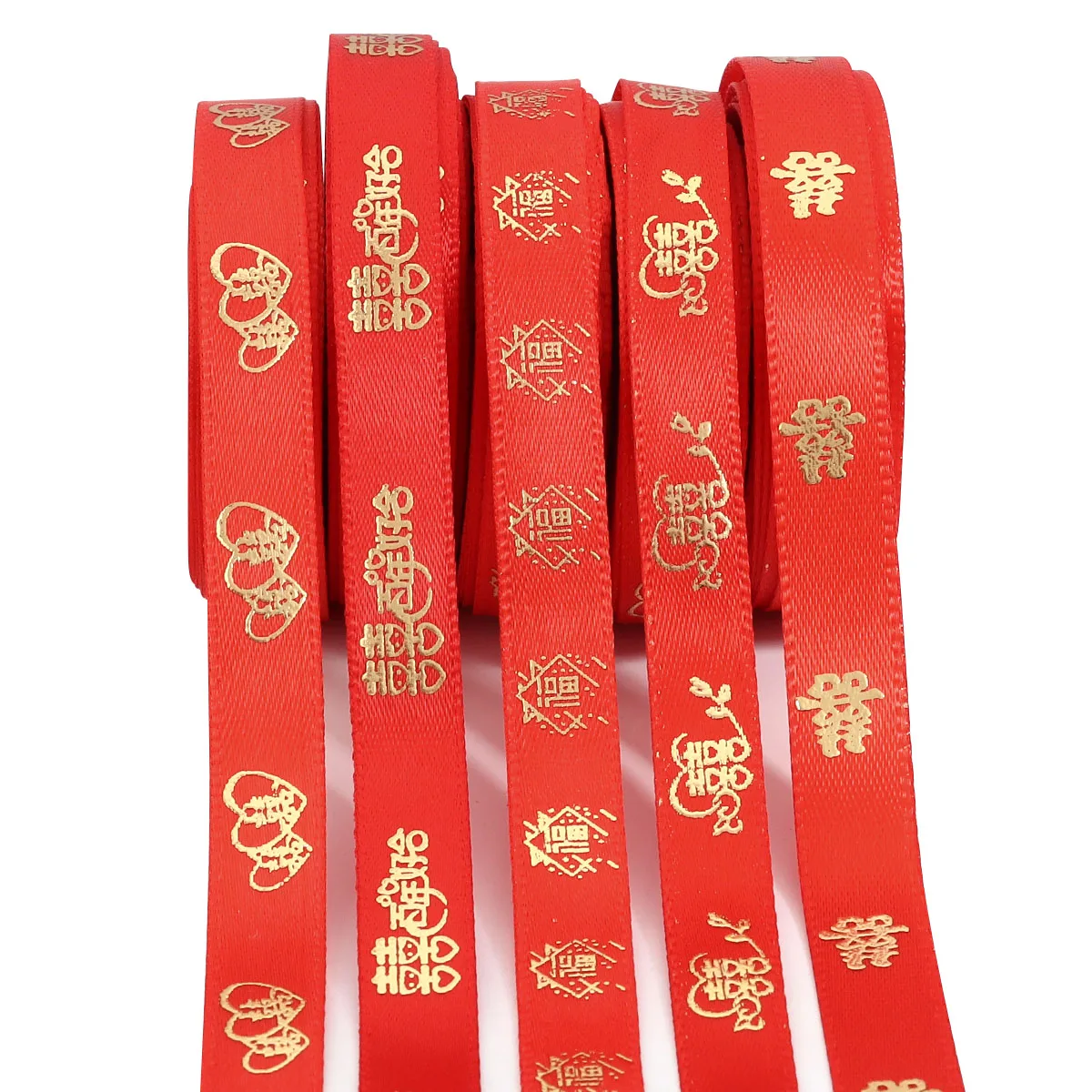 10Yards/Roll 1cm Polyester Hot Stamping Red Satin Ribbons For DIY Box Packag Wedding and Spring Festival Decoration Accessories