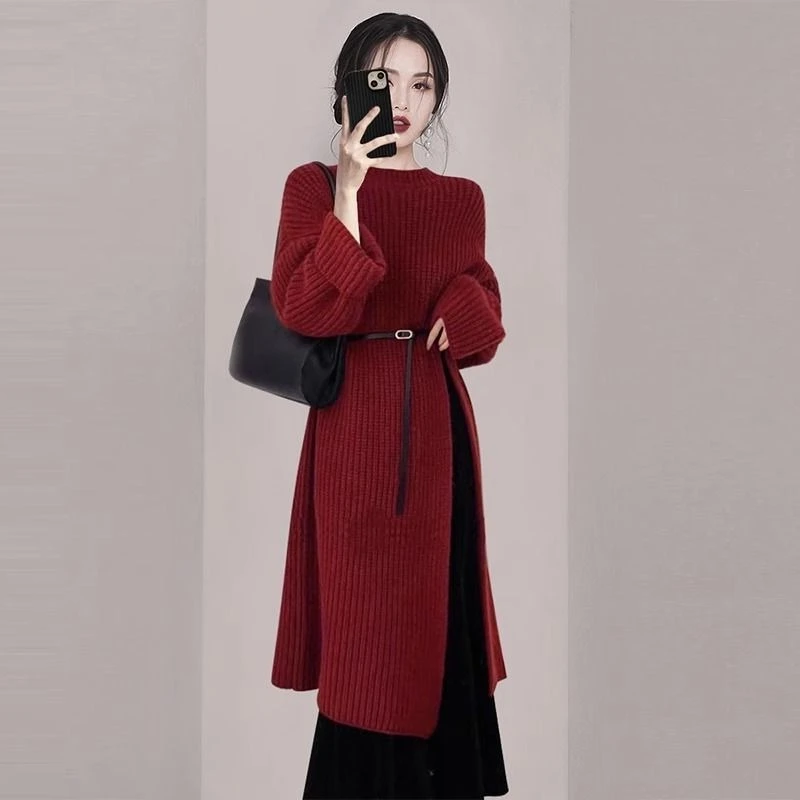 Women Elegant Red Knit Dress Autumn Winter Long Sleeve Midi Over Knee Casual Solid Warm Sweater Dress - view 5