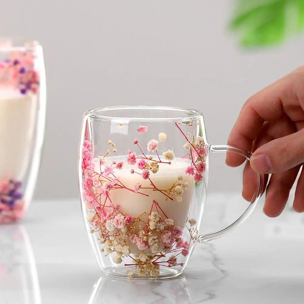 350ml getrocknete Blume doppelwandige Glas becher Tasse Kaffeetasse mit trockenen Blumen dekorative kreative Blumen becher doppelwandige Blumen becher