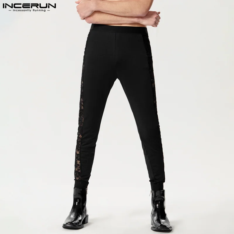 INCERUN Men Pants Lace Patchwork Sexy Elastic Waist Fitness Transparent Male Leggings Streetwear 2024 Fashion Trousers S-5XL