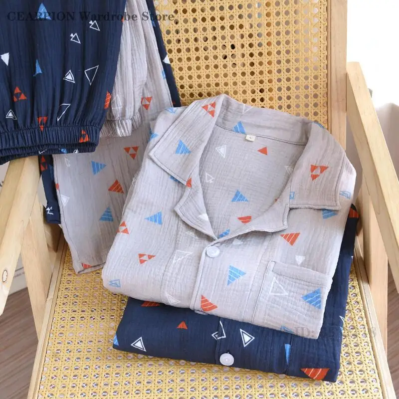 Men's Cotton Printed Pajamas Set Casual Sleepwear Long Sleeved Top&Pants Pyjamas Suit Loose Loungewear Male Home Clothes Pijama