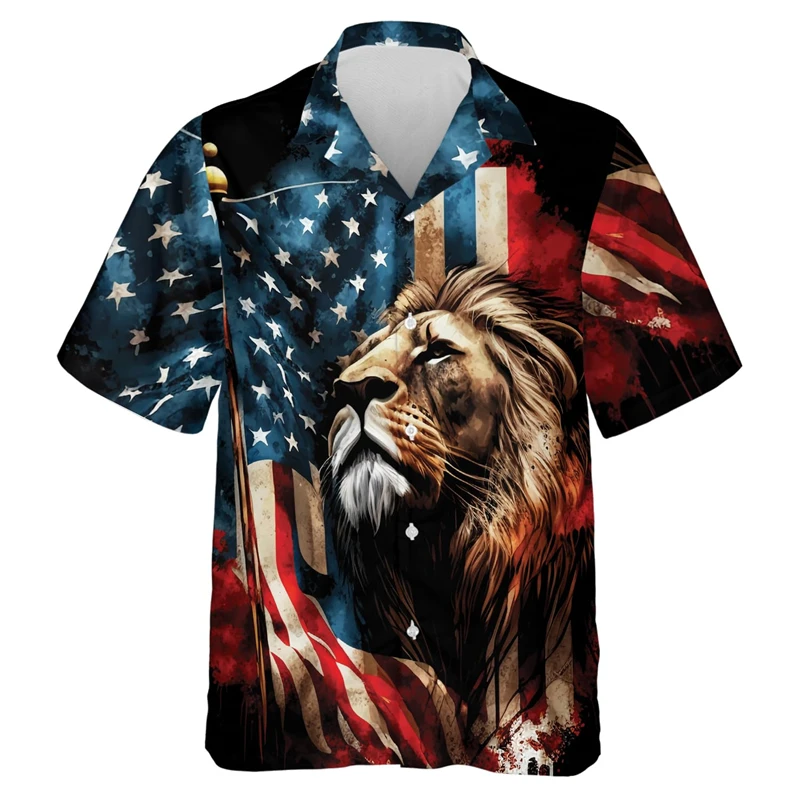 Lion Jesus Graphic Short Sleeve Shirts For Men Clothes Casual Male Streetwear USA Flag Lapel Blouse America Independence Day Top