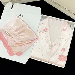 Women's Pajamas Set Spring Summer 2 Piece Flamingo Print Pyjama Faux Silk Satin Sleepwear Short Sleeve Pijama Mujer Pjs Homewear