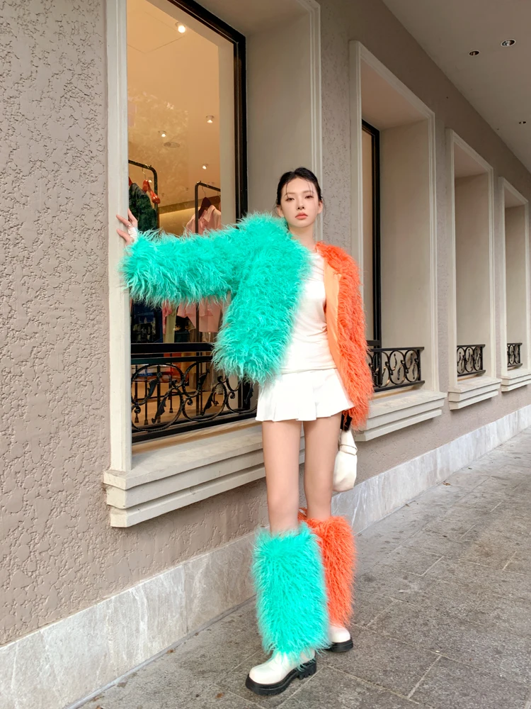Women's Fashion Faux Fur Coat Shaggy Jacket Outerwear with Leg Sleeves Contrast Color Original Design Winter Warm Stylish