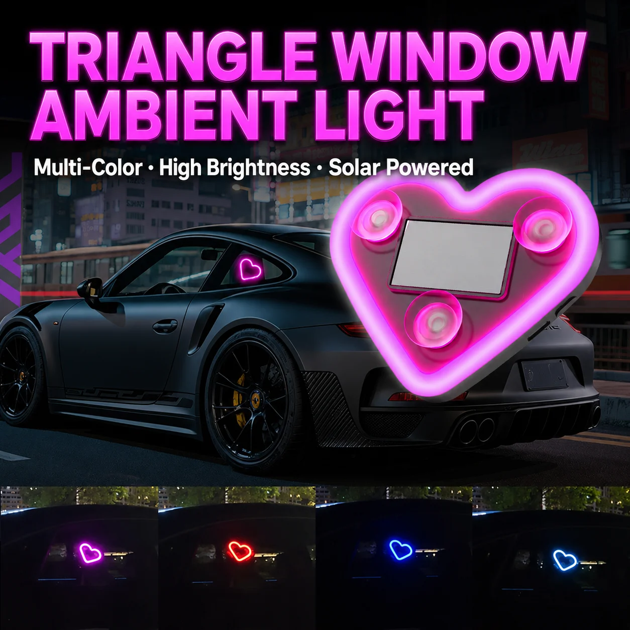 CF Car Solar Triangle Window Heart-Shaped Light Emitting Heart-Shaped Atmosphere Light Interior Wiring Free Led Atmosphere Ligh