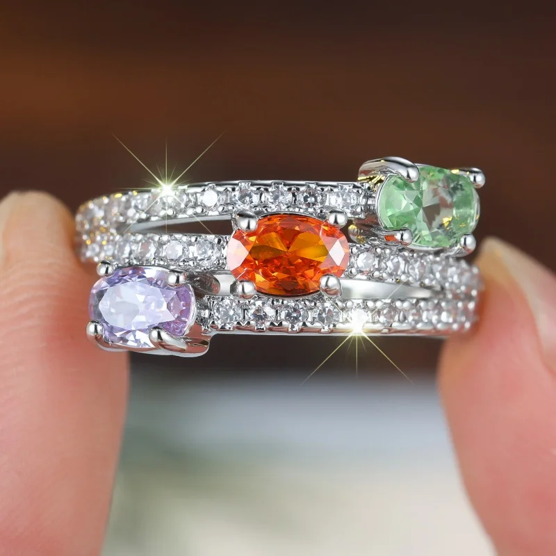 2026 New European and American Style Tri Color Main Stone Interlocking Ring, Mixed Color Zircon Surround Design Accessory