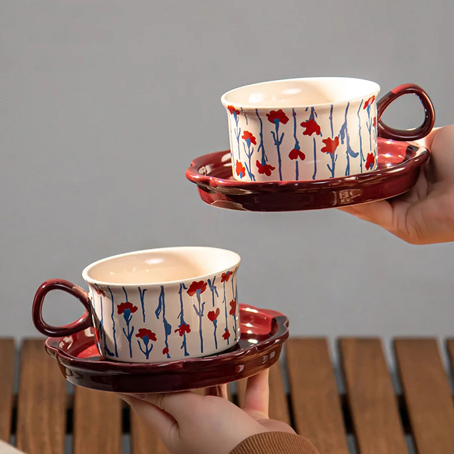 

Vintage Berry Floral Lace Ceramic Coffee Cup and Saucer for Latte Afternoon Tea