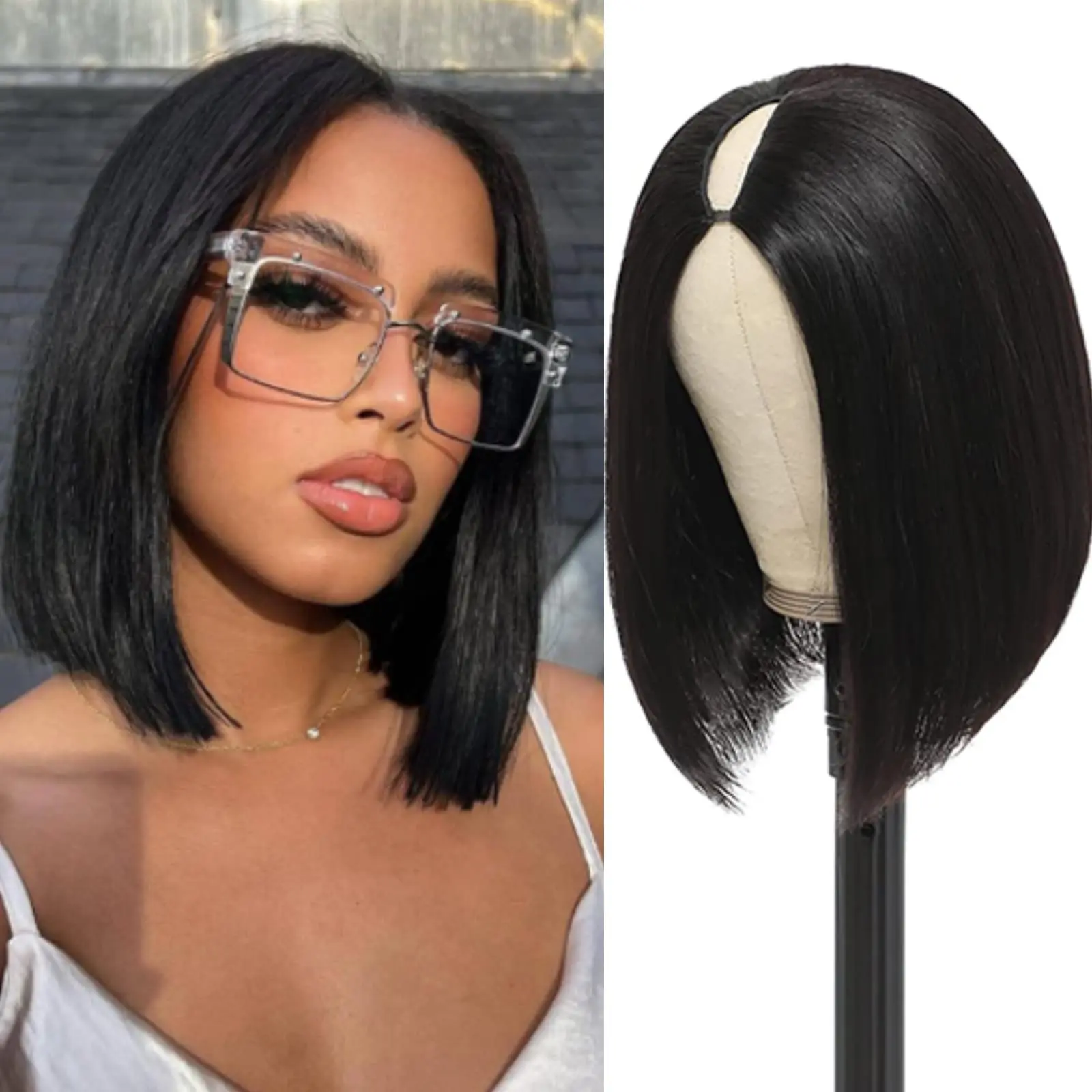 

Straight short Bob V Part Human Hair Wigs For Women V Shape Brazilian Human Hair Glueless Wig No Leave Out Glueless Wig